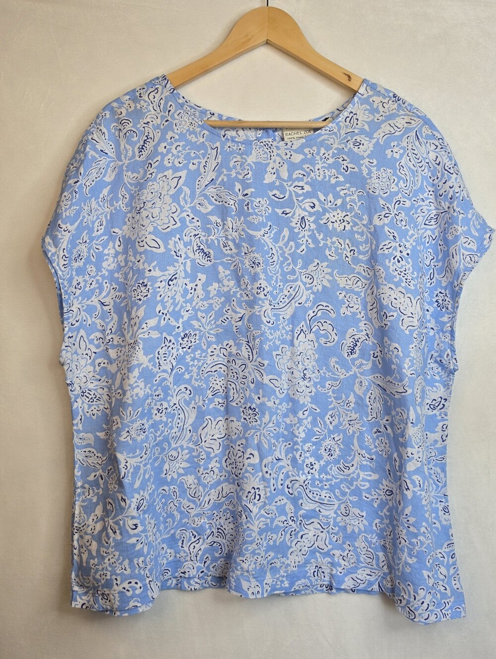 Rachel Zoe 100% Linen Floral Paisley Top 1X Blue White NWT